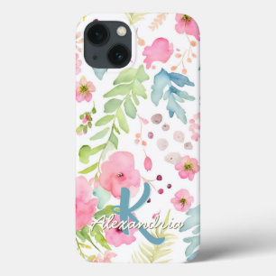 Waterverf Blush Pink Flowers Meadow Monogram Naam iPhone 13 Hoesje