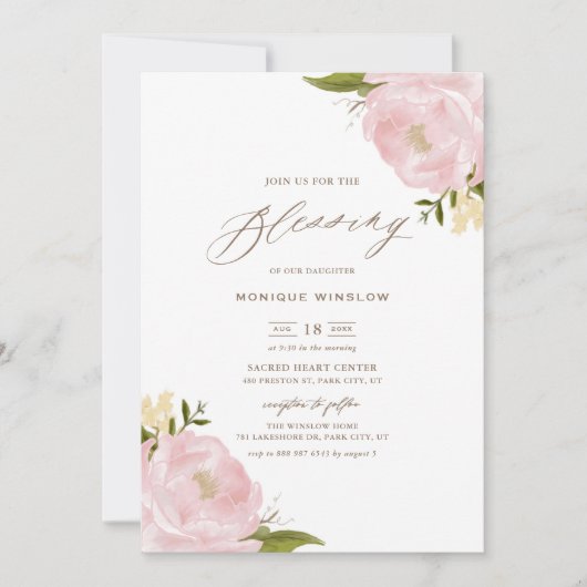 Waterverf Blush Pink Peonies Script Baby Kaart (Voorkant)