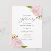 Waterverf Blush Pink Peonies Script Baby Kaart (Voorkant / Achterkant)