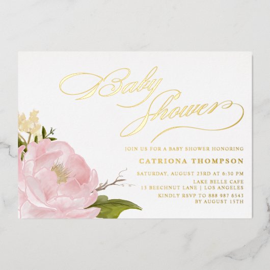 Waterverf Blush Pink Peony Baby shower Gold Folie Uitnodiging (Voorkant)