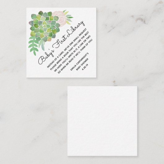 Waterverf Blush Roos en Succulent First Library Informatiekaartje (Voorkant / Achterkant)