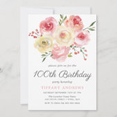 Waterverf Blush roze 100th Birthday Invite Kaart (Voorkant)