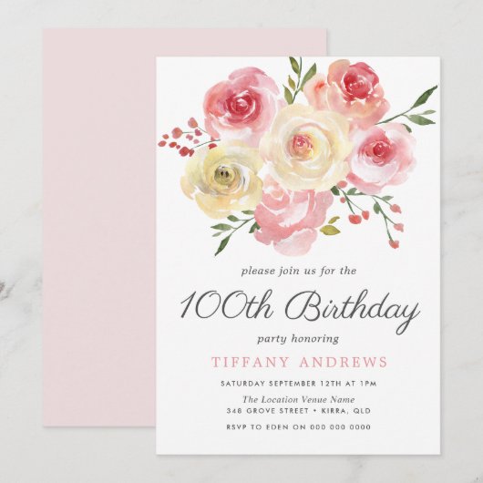 Waterverf Blush roze 100th Birthday Invite Kaart (Voorkant / Achterkant)