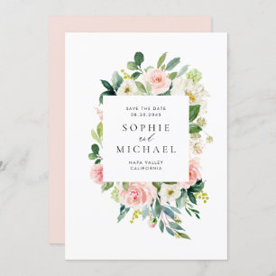 Waterverf  Blush roze bloemen en groen Save The Date