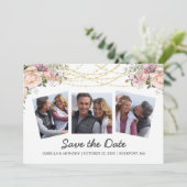 Waterverf Blush Roze Floral White 3Foto Save The Date (Staand voorkant)