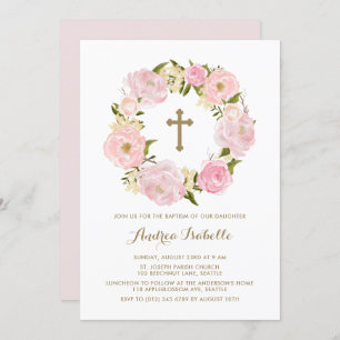 Waterverf Blush Roze Pioen Krans Doop Kaart