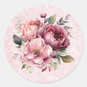 Waterverf Blush Roze Pioen Marmer Bruiloft Ronde Sticker