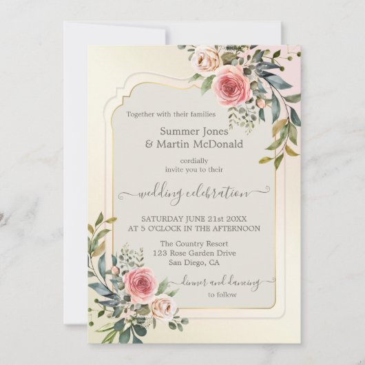 Waterverf Blush roze rozen bruiloft uitnodiging (Voorkant)