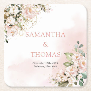 Waterverf Blush rozen eucalyptus gouden bruiloft Vierkante Kartonnen Onderzetter