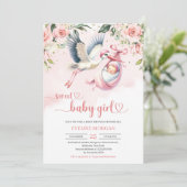 Waterverf blush rozen schattig ooievaar baby meisj kaart (Staand voorkant)