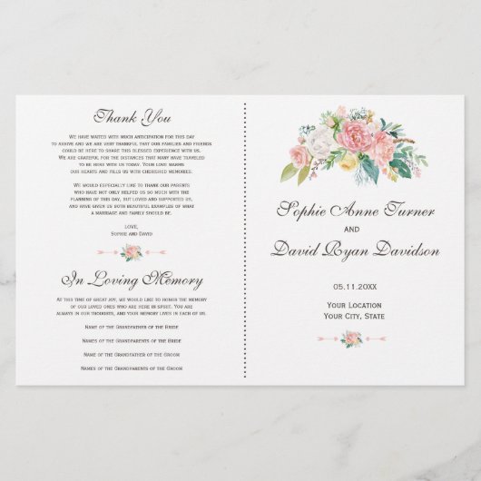 Waterverf Blush White Flowers Wedding Programme (Voorkant)
