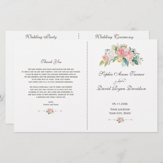 Waterverf Blush White Peonies Wedding Programme (Voorkant / Achterkant)