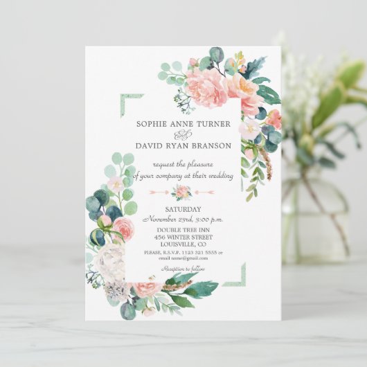 Waterverf Blush Witte Pioenrozen Frame Bruiloft Kaart (Staand voorkant)