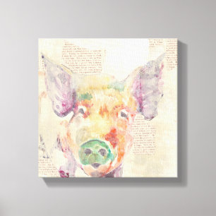 Waterverf Boerderij Collage Pig Canvas Afdruk