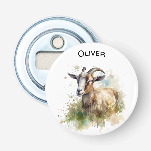 Waterverf Boerderij Geit, op maat Button Flesopener (Voorkant)
