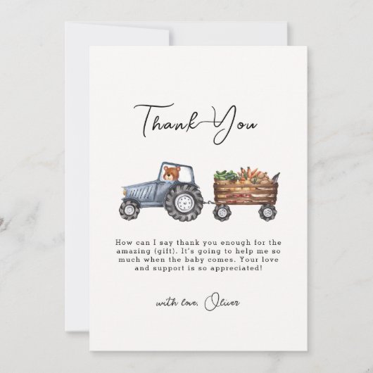 Waterverf Boerderij Tractor Teddy Bear Baby shower Bedankkaart (Voorkant)