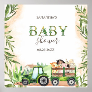 Waterverf boerderijdieren tractor baby shower poster
