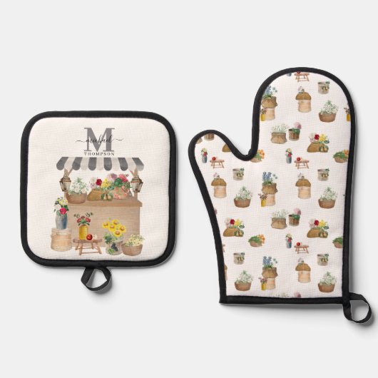 Waterverf Boerenmarkt Bloemenwagen Monogram Ovenwant & Pannenlap Set (Voorkant)