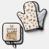 Waterverf Boerenmarkt Bloemenwagen Monogram Ovenwant & Pannenlap Set (Voorkant / Achterkant)