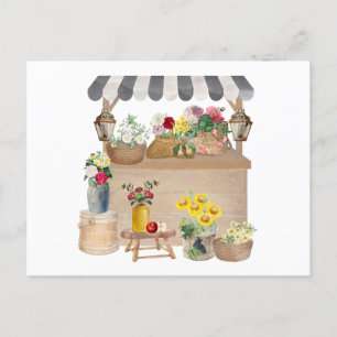 Waterverf Boerenmarkt Bloemenwagen Stand Briefkaart