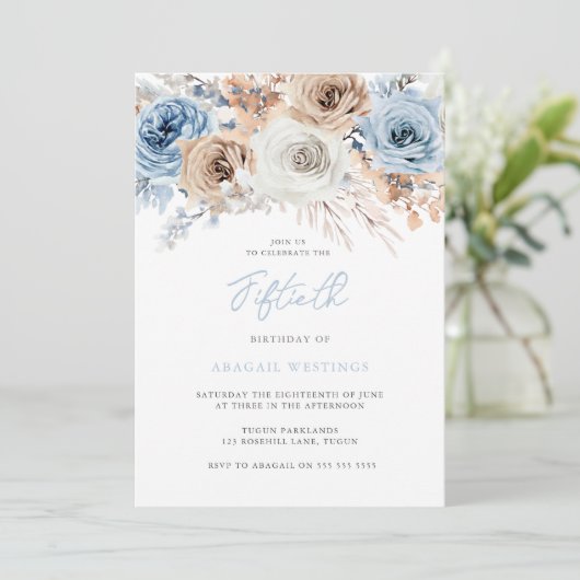 Waterverf Boho Blue Floral 50th Birthday Kaart (Staand voorkant)