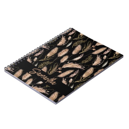 Waterverf Boho Chic Pampas Grass Pattern Black Notitieboek (Linkerzijde)