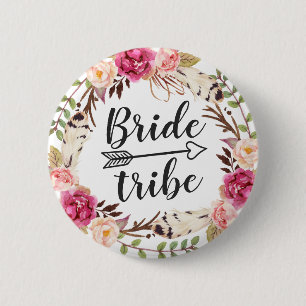 Waterverf Boho Feather Floral krans bruid stam Ronde Button 5,7 Cm