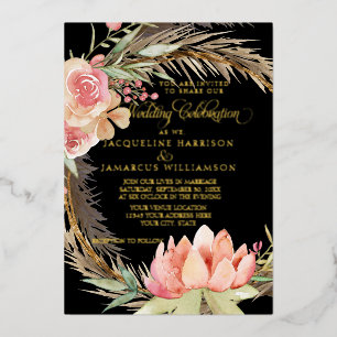 Waterverf Boho Floral Black Pampas Gold Folie Uitnodiging