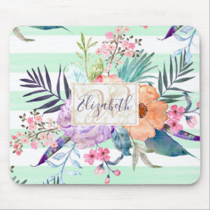 Waterverf Boho floral, bladeren, strepen handverf Muismat