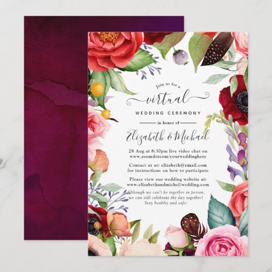 Waterverf Boho Floral Online Virtual Wedding Kaart (Voorkant / Achterkant)