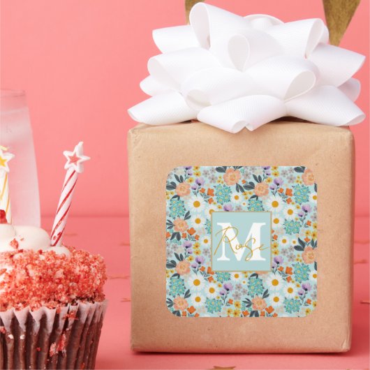 Waterverf Boho Floral Vierkante Sticker (Feest)