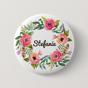 Waterverf Boho Floral Wreath Personalized Ronde Button 5,7 Cm