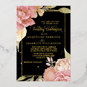 Waterverf Boho Flowers Black in Pink Wedding Gold Folie Uitnodiging