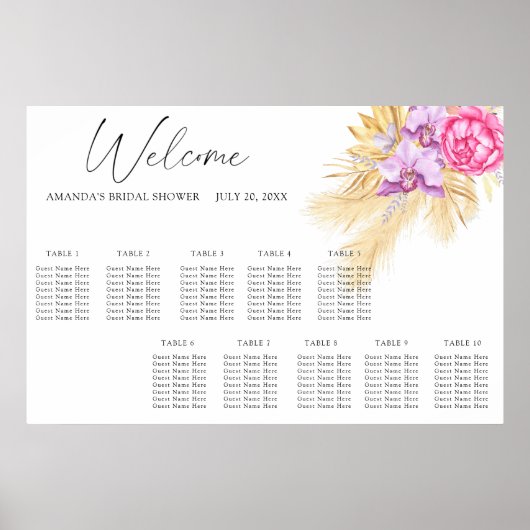 Waterverf Boho Flowers Bruiloft Zitkaarten Poster (Voorkant)