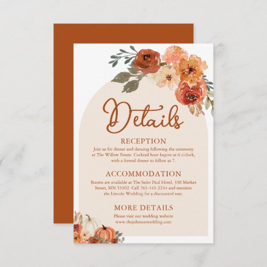 Waterverf Boho Herfst Pompoen Wedding Details Informatiekaartje (Voorkant / Achterkant)
