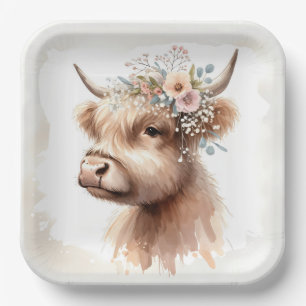Waterverf Boho Highland Koe met bruidsbloemen Papieren Bordje