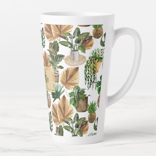 Waterverf Boho Indoor House Planten Monogram Naam Latte Mok (Rechts)