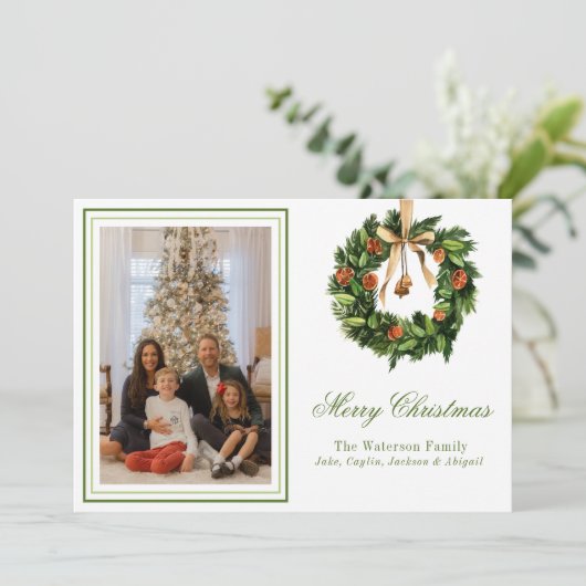 Waterverf Boho OrangeSlice krans Kerstfoto Feestdagenkaart (Staand voorkant)