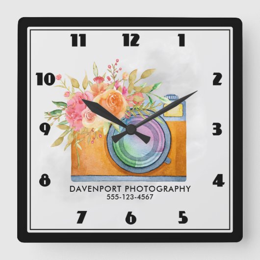 Waterverf Boho Oranje Camera & Flowers Vierkante Klok (Voorkant)