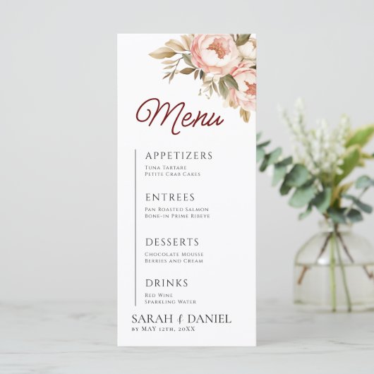Waterverf Boho Peonies Floral Wedding Menu (Staand voorkant)