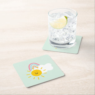 Waterverf Boho Rainbow en Sun Vierkante Kartonnen Onderzetter