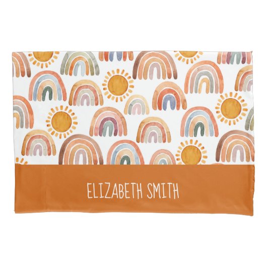 Waterverf Boho Regenboog en zon gepersonaliseerd Kussensloop (Voorkant)