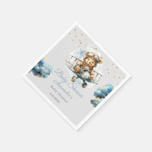 Waterverf boho teddybeer blauw baby shower servet (Hoek)