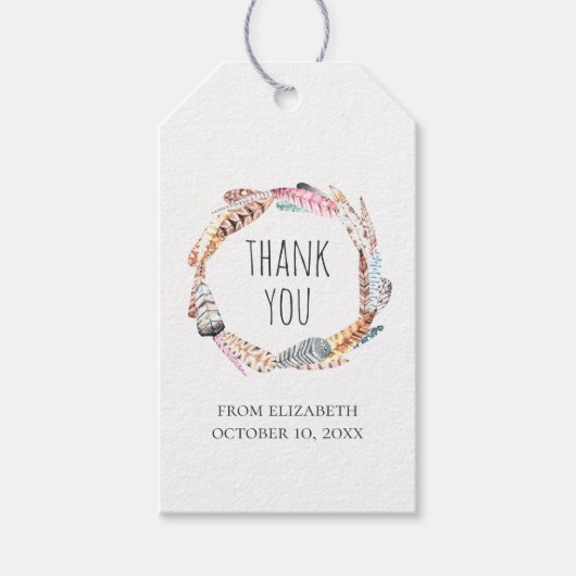 Waterverf boho veren. Verjaardag dank u Cadeaulabel (Voorkant)