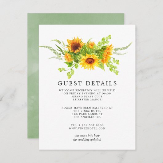 Waterverf Boho Zonnebloemen Bruiloft Gast Details Informatiekaartje (Voorkant / Achterkant)