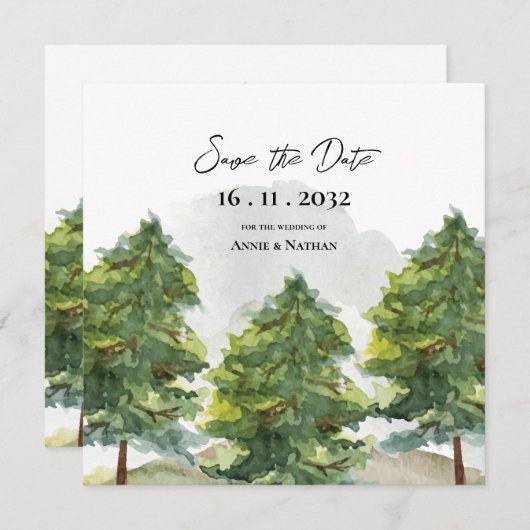  Waterverf Bomen Landschap Monogram Huwelijk Aankondiging (Voorkant / Achterkant)