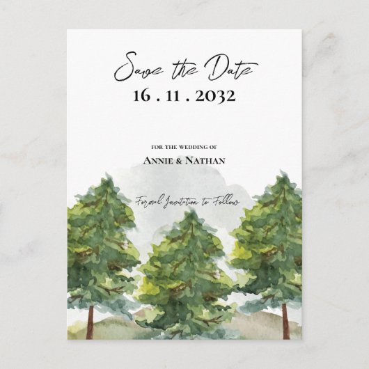  Waterverf Bomen Landschap Monogram Huwelijk Aankondigingskaart (Voorkant)