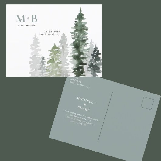 Waterverf Bomen Monogram Bruiloft Save the Date Briefkaart