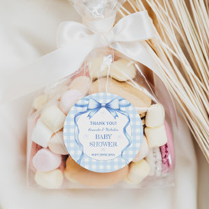 Waterverf Boog Gingham Blauwe Baby Shower voor Jon Ronde Sticker