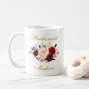 Waterverf bordeaux bloem goud bruidsmeisje naam koffiemok